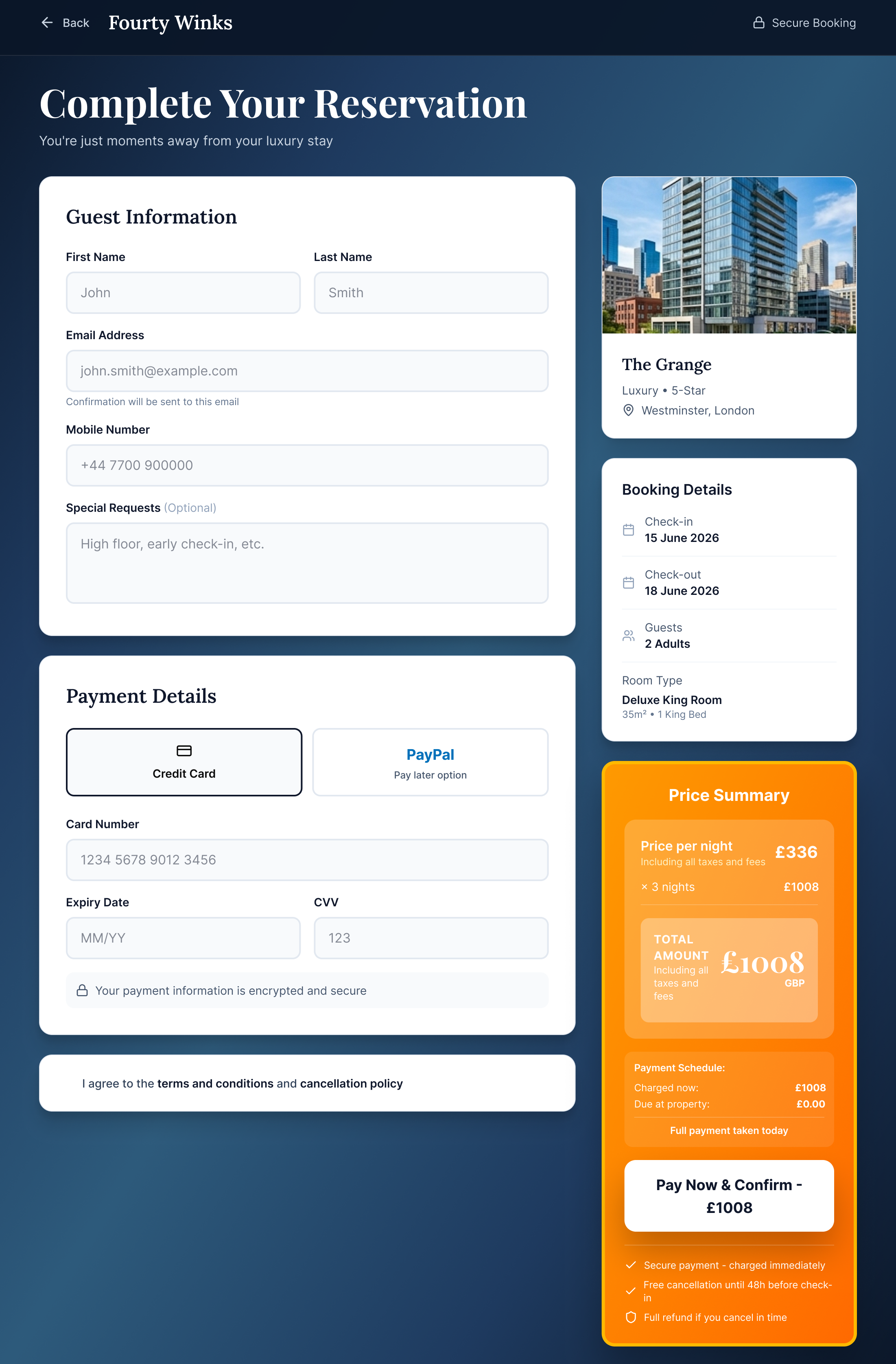Hi-fi booking page with full cost breakdown