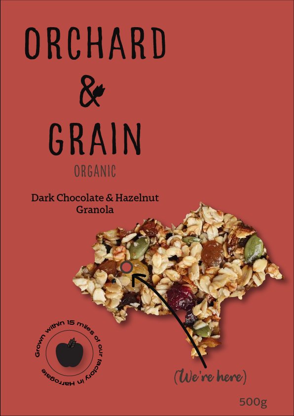 Dark Chocolate & Hazelnut Granola packaging - brick red colourway