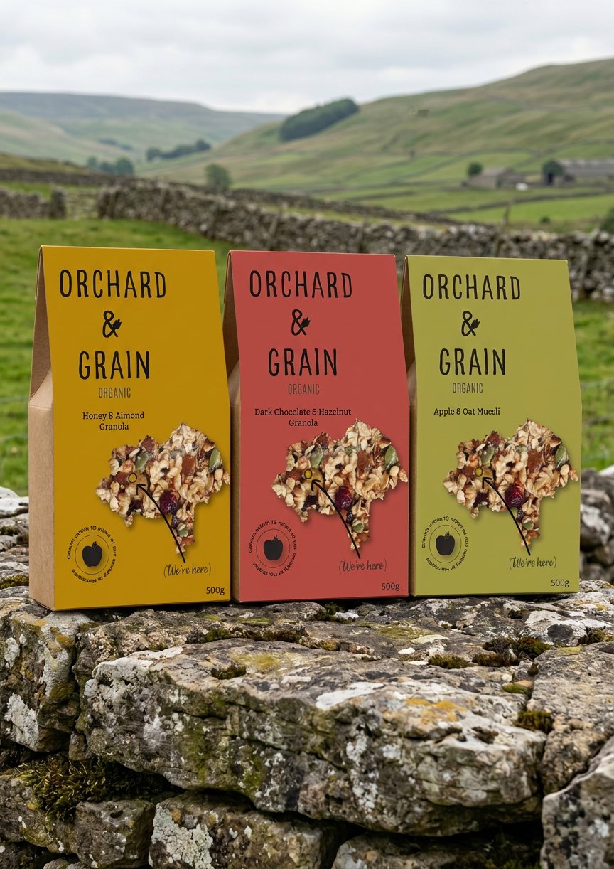 Product mockup - three Orchard & Grain boxes on a Yorkshire dry-stone wall with moorland backdrop